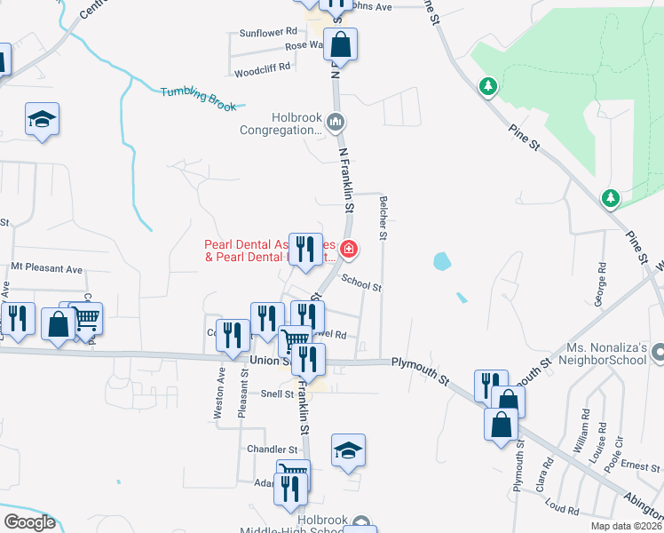 map of restaurants, bars, coffee shops, grocery stores, and more near 172 North Franklin Street in Holbrook