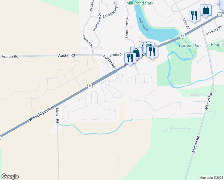map of restaurants, bars, coffee shops, grocery stores, and more near 1701 Riversedge Drive in Saline