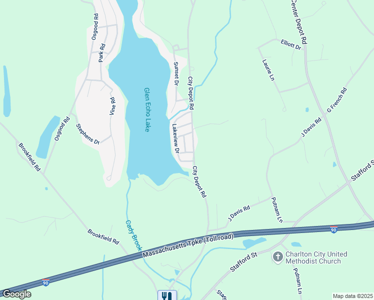map of restaurants, bars, coffee shops, grocery stores, and more near 84 City Depot Road in Charlton