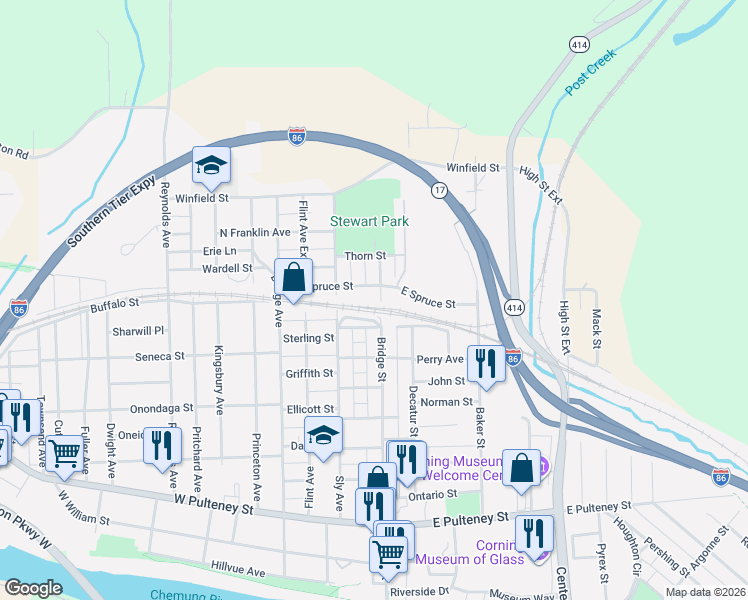 map of restaurants, bars, coffee shops, grocery stores, and more near 286 Bridge Street in Corning