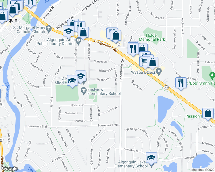 map of restaurants, bars, coffee shops, grocery stores, and more near 14 Walnut Lane in Algonquin