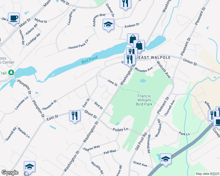 map of restaurants, bars, coffee shops, grocery stores, and more near 27 June Street in Walpole