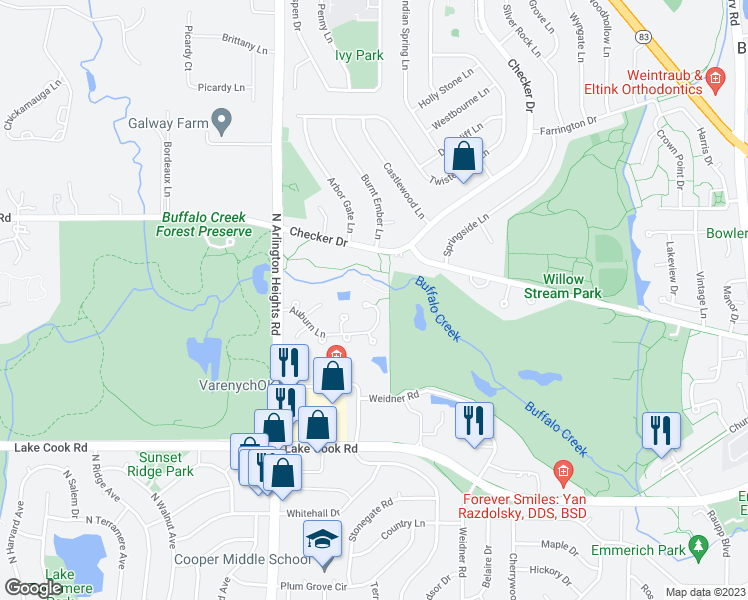 map of restaurants, bars, coffee shops, grocery stores, and more near 1002 Auburn Lane in Buffalo Grove