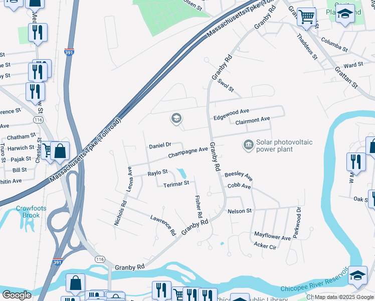 map of restaurants, bars, coffee shops, grocery stores, and more near 64 Champagne Avenue in Chicopee