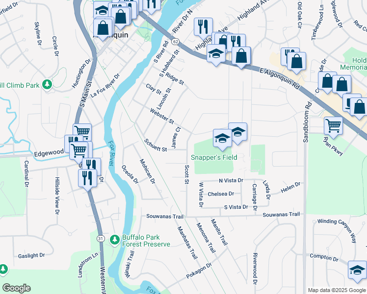 map of restaurants, bars, coffee shops, grocery stores, and more near 509 James Court in Algonquin