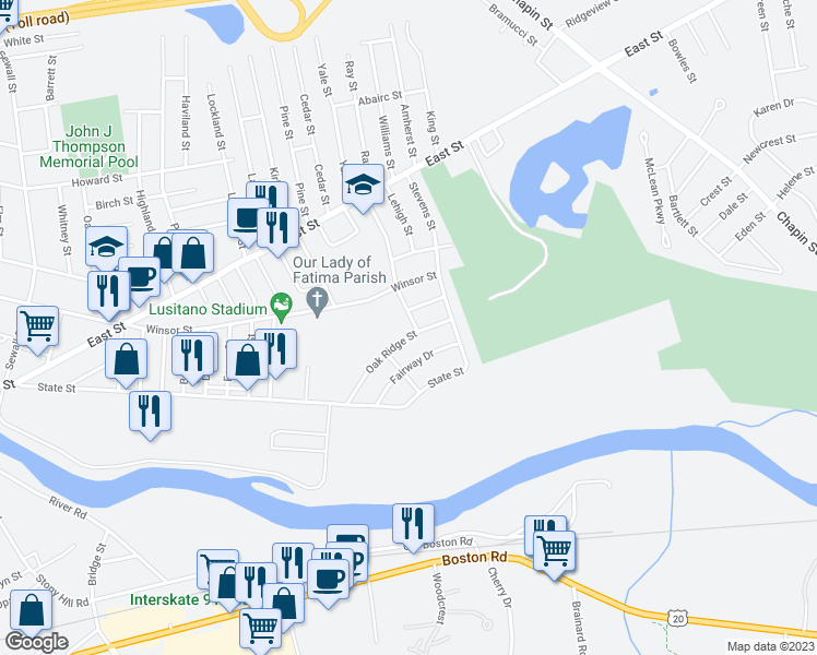 map of restaurants, bars, coffee shops, grocery stores, and more near 146 Laconia Street in Ludlow