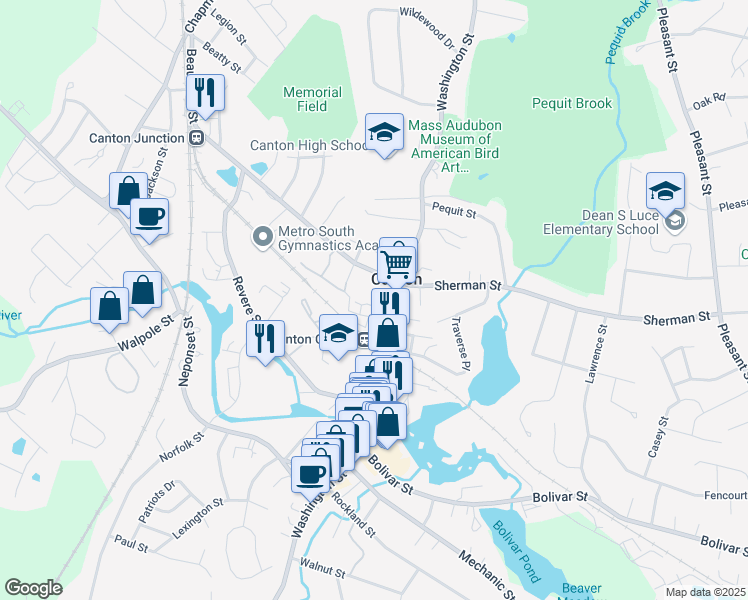 map of restaurants, bars, coffee shops, grocery stores, and more near 14 Cross Street in Canton