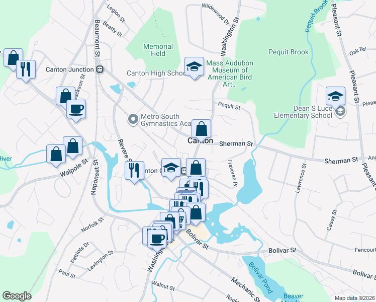 map of restaurants, bars, coffee shops, grocery stores, and more near 14 Cross Street in Canton