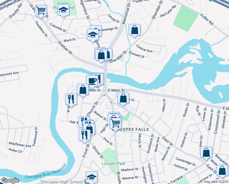 map of restaurants, bars, coffee shops, grocery stores, and more near 165 East Main Street in Chicopee