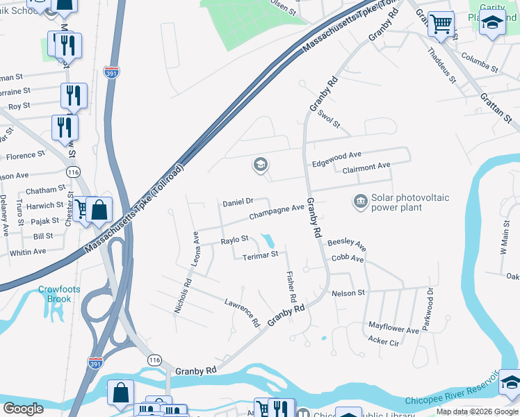 map of restaurants, bars, coffee shops, grocery stores, and more near 74 Daniel Drive in Chicopee