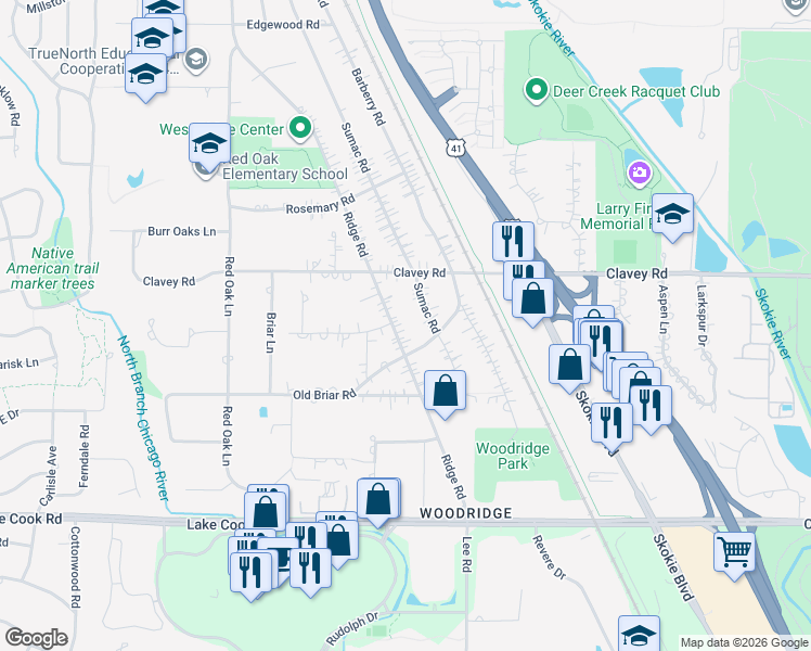 map of restaurants, bars, coffee shops, grocery stores, and more near 356 Sumac Road in Highland Park