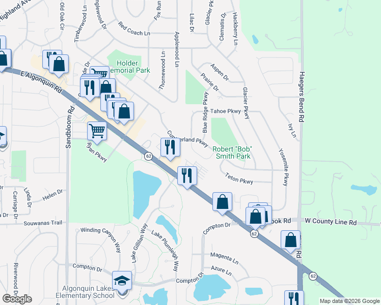 map of restaurants, bars, coffee shops, grocery stores, and more near 1915 Ozark Parkway in Algonquin