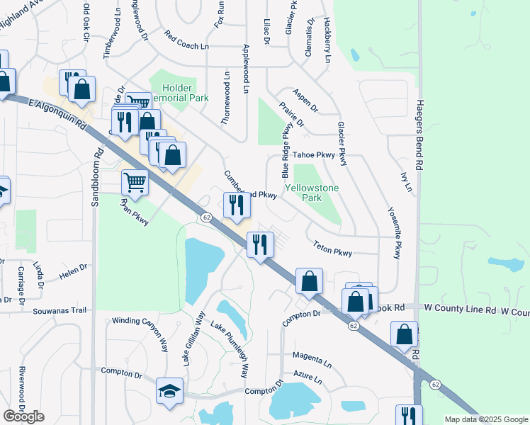 map of restaurants, bars, coffee shops, grocery stores, and more near 1915 Ozark Parkway in Algonquin