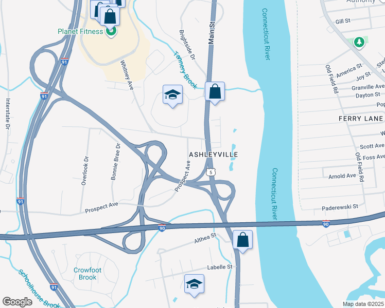 map of restaurants, bars, coffee shops, grocery stores, and more near 21 Prospect Avenue in West Springfield