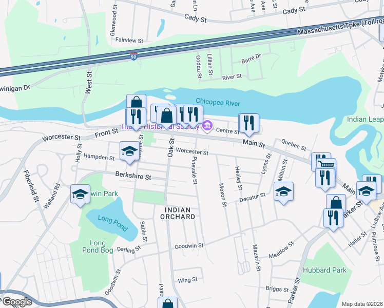 map of restaurants, bars, coffee shops, grocery stores, and more near 1275 Worcester Street in Springfield