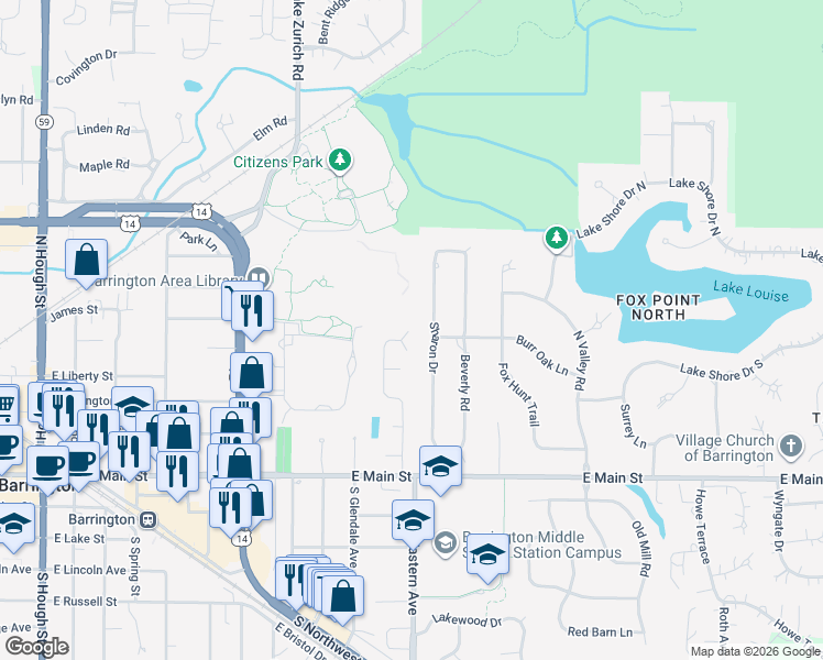 map of restaurants, bars, coffee shops, grocery stores, and more near 486 Paul Circle in Barrington