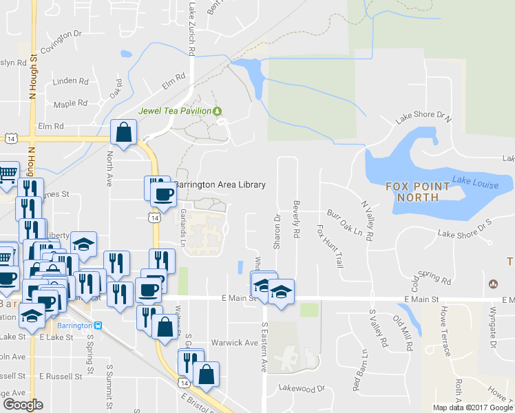 map of restaurants, bars, coffee shops, grocery stores, and more near 486 Paul Circle in Barrington