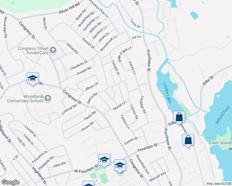 map of restaurants, bars, coffee shops, grocery stores, and more near 2 Dennis Road in Milford