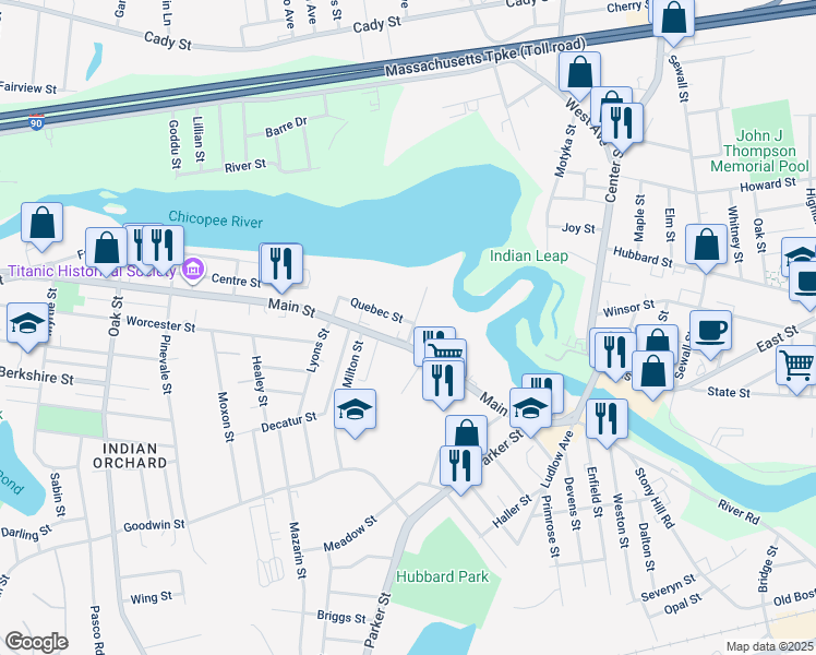 map of restaurants, bars, coffee shops, grocery stores, and more near 58 Quebec Street in Springfield