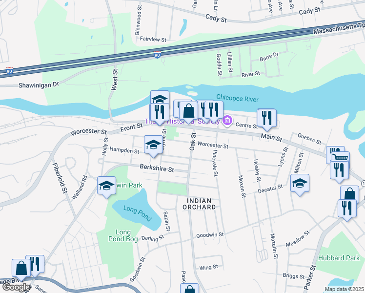 map of restaurants, bars, coffee shops, grocery stores, and more near 1196 Worcester Street in Springfield