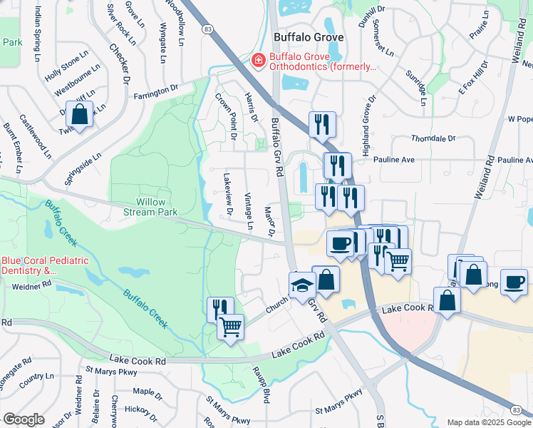 map of restaurants, bars, coffee shops, grocery stores, and more near 284 Manor Drive in Buffalo Grove