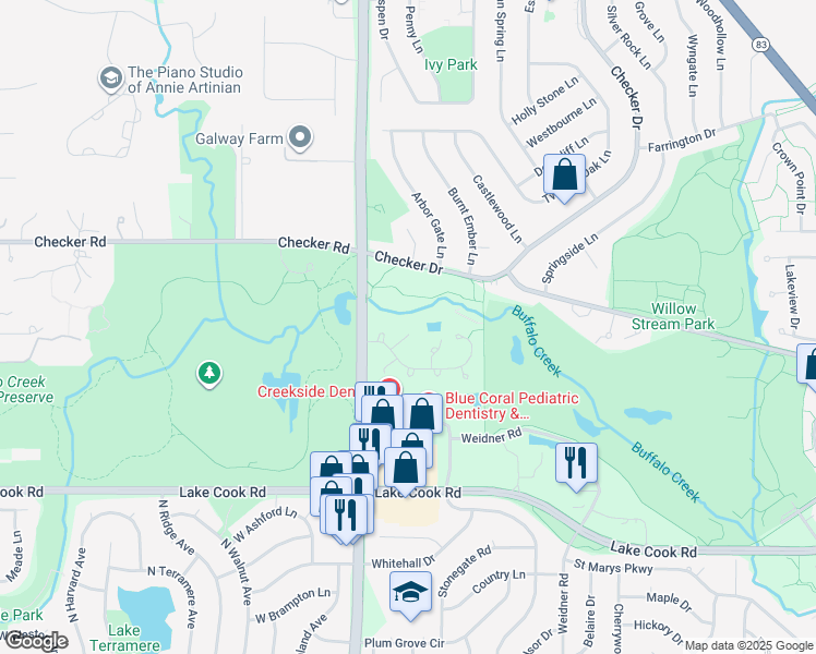 map of restaurants, bars, coffee shops, grocery stores, and more near 287 Ashland Court in Buffalo Grove