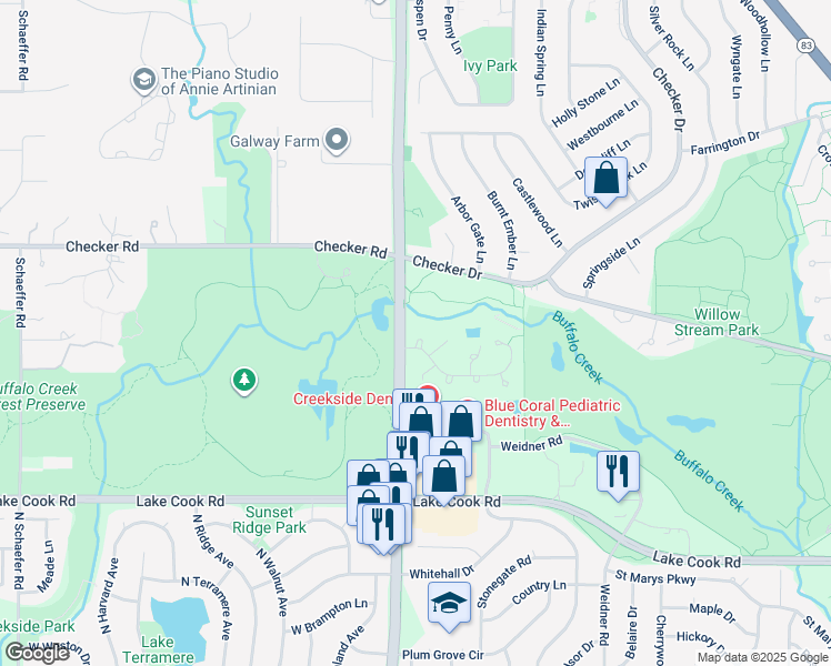 map of restaurants, bars, coffee shops, grocery stores, and more near 1172 Auburn Lane in Buffalo Grove