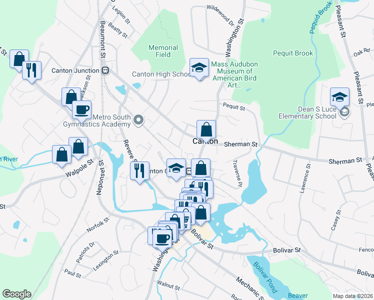map of restaurants, bars, coffee shops, grocery stores, and more near 14 Cross Street in Canton