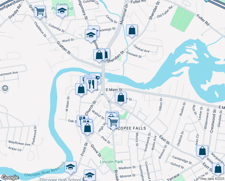map of restaurants, bars, coffee shops, grocery stores, and more near 162 East Main Street in Chicopee