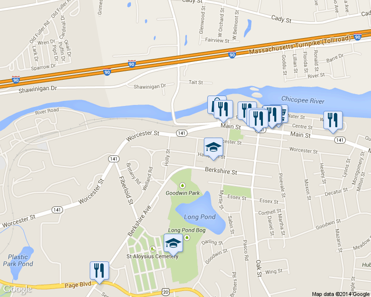 map of restaurants, bars, coffee shops, grocery stores, and more near 34 Hampden Street in Springfield