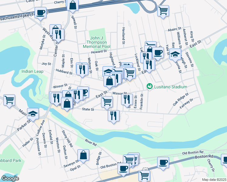 map of restaurants, bars, coffee shops, grocery stores, and more near 263 East Street in Ludlow