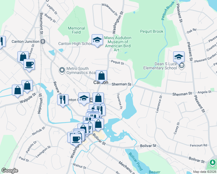 map of restaurants, bars, coffee shops, grocery stores, and more near 345 Sherman Street in Canton