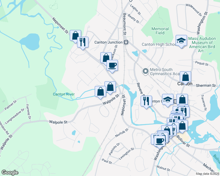 map of restaurants, bars, coffee shops, grocery stores, and more near 358 Neponset Street in Canton
