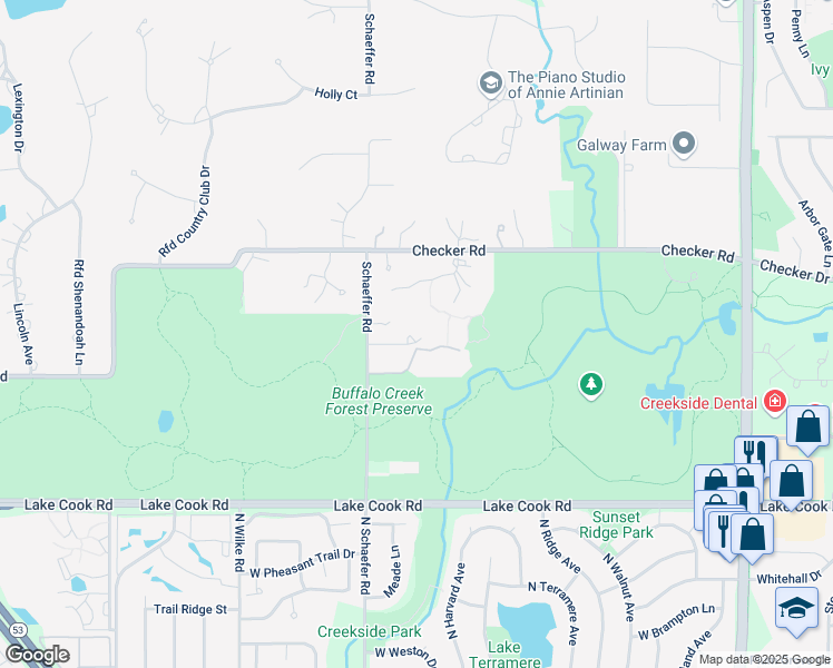 map of restaurants, bars, coffee shops, grocery stores, and more near 1840 Schaeffer Road in Long Grove