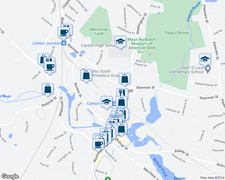 map of restaurants, bars, coffee shops, grocery stores, and more near 14 Cross Street in Canton
