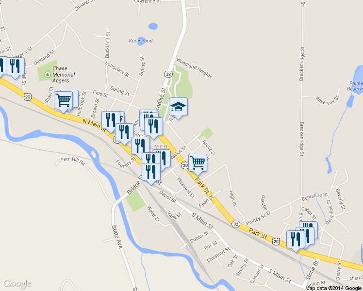 map of restaurants, bars, coffee shops, grocery stores, and more near 35 Converse Street in Palmer