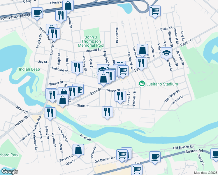 map of restaurants, bars, coffee shops, grocery stores, and more near 263 East Street in Ludlow