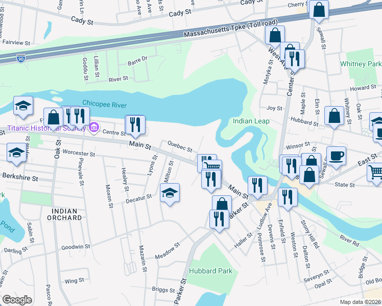 map of restaurants, bars, coffee shops, grocery stores, and more near 58 Quebec Street in Springfield