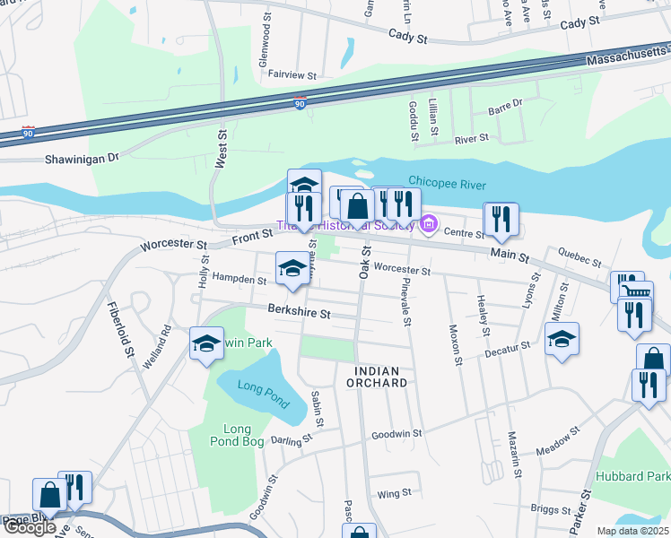 map of restaurants, bars, coffee shops, grocery stores, and more near 1196 Worcester Street in Springfield