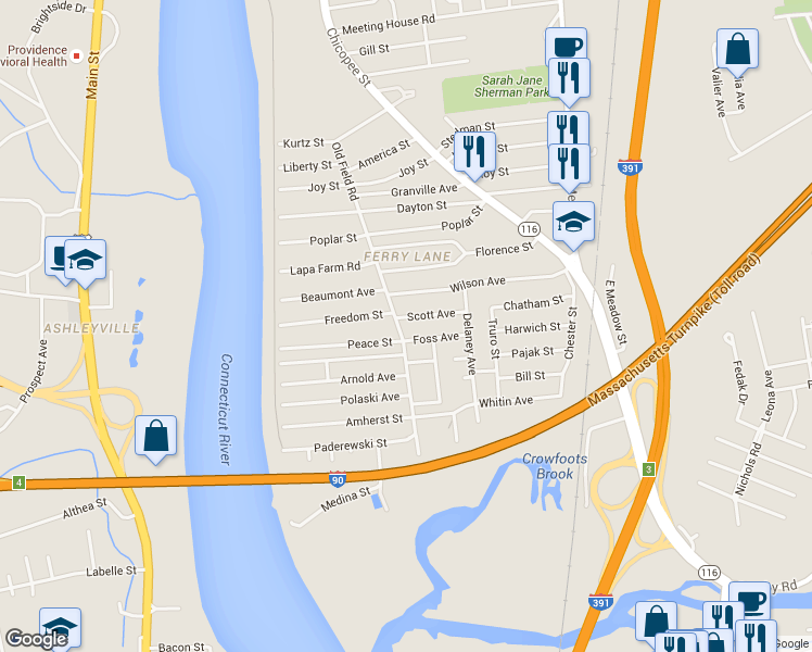 map of restaurants, bars, coffee shops, grocery stores, and more near 9 Scott Avenue in Chicopee