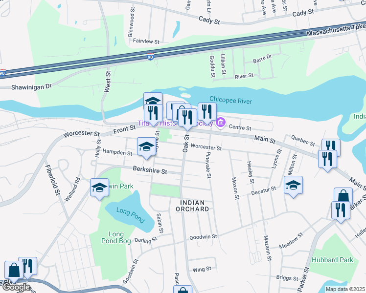 map of restaurants, bars, coffee shops, grocery stores, and more near 62 Oak Street in Springfield
