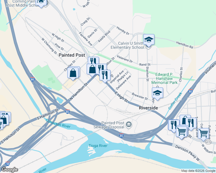 map of restaurants, bars, coffee shops, grocery stores, and more near 318 Imperial Avenue in Painted Post