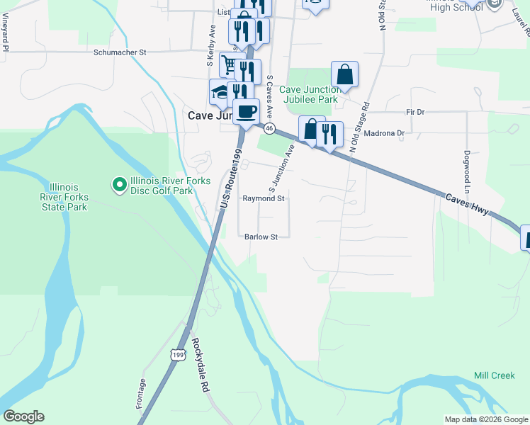 map of restaurants, bars, coffee shops, grocery stores, and more near 209 Raymond Street in Cave Junction