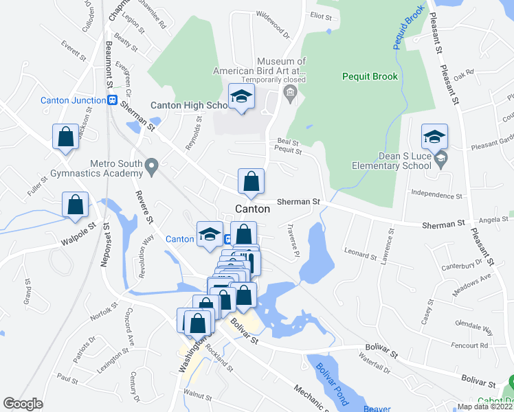 map of restaurants, bars, coffee shops, grocery stores, and more near 793 Washington Street in Canton