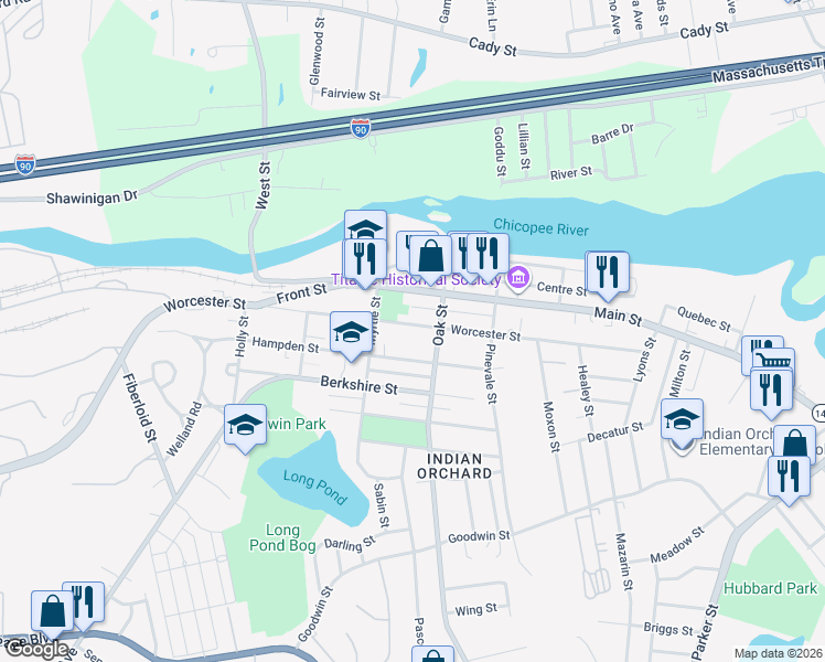 map of restaurants, bars, coffee shops, grocery stores, and more near 1197 Worcester Street in Springfield