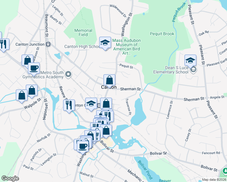map of restaurants, bars, coffee shops, grocery stores, and more near 793 Washington Street in Canton