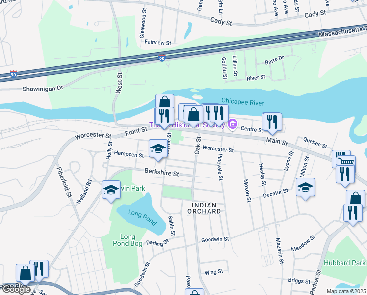 map of restaurants, bars, coffee shops, grocery stores, and more near 1193 Worcester Street in Springfield