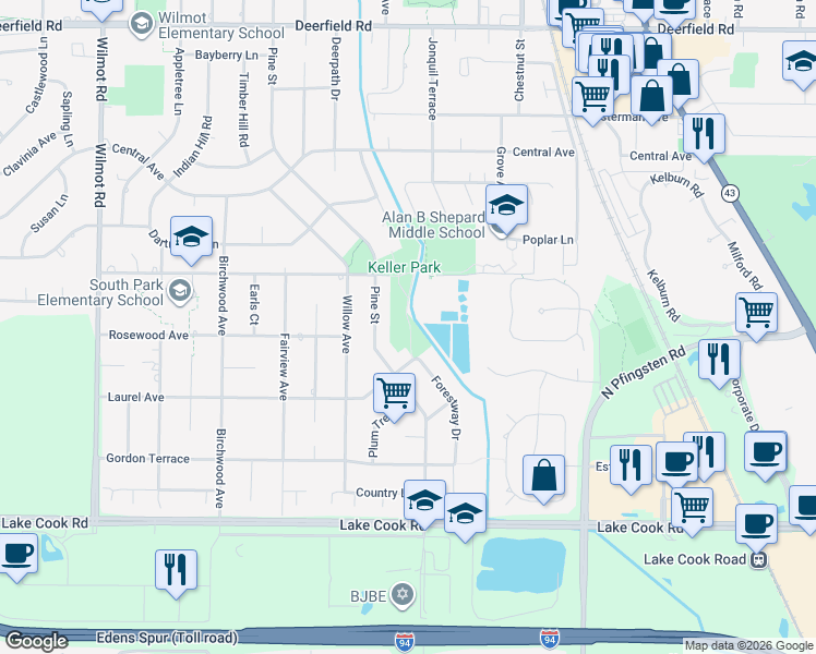 map of restaurants, bars, coffee shops, grocery stores, and more near 1129 Hackberry Road in Deerfield