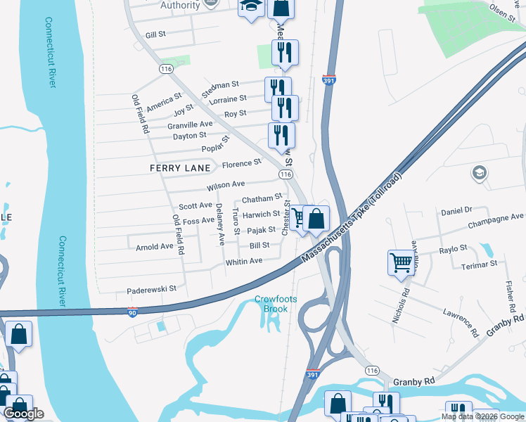 map of restaurants, bars, coffee shops, grocery stores, and more near 40 Harwich Street in Chicopee