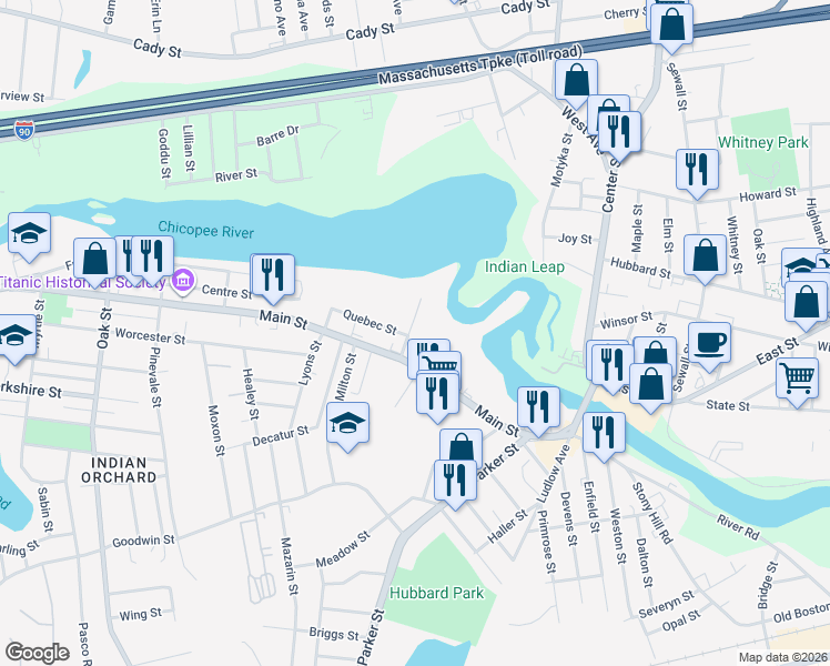 map of restaurants, bars, coffee shops, grocery stores, and more near 37 Indian Leap Street in Springfield